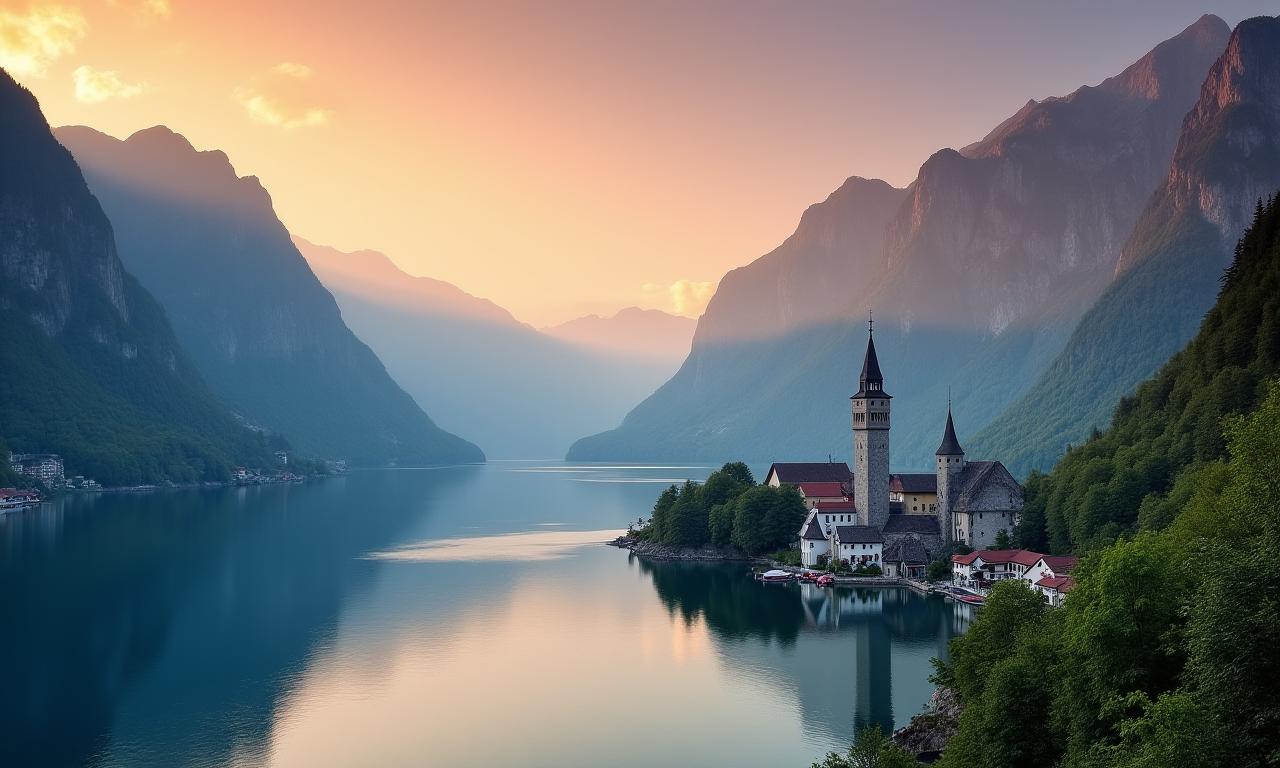 Malerischer Blick auf den Hallstätter See in Österreich bei Sonnenaufgang.