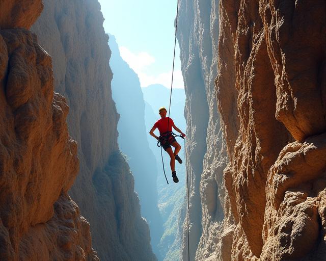 Eine Person seilt sich in eine Schlucht ab.
