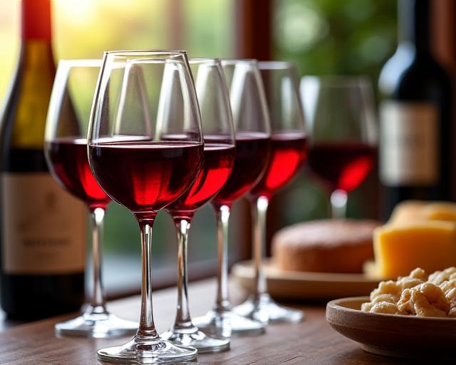 Gläser mit Rotwein bei einer Weinprobe.
