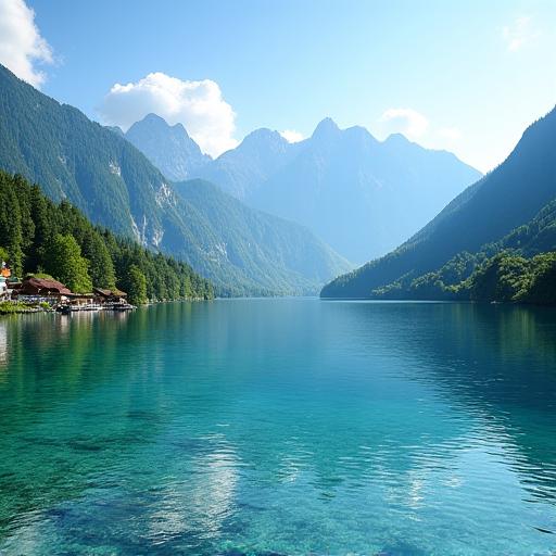 Blick über einen klaren Alpensee im Salzkammergut.