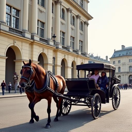 Ein Fiaker (Pferdekutsche) vor einem historischen Gebäude in Wien.